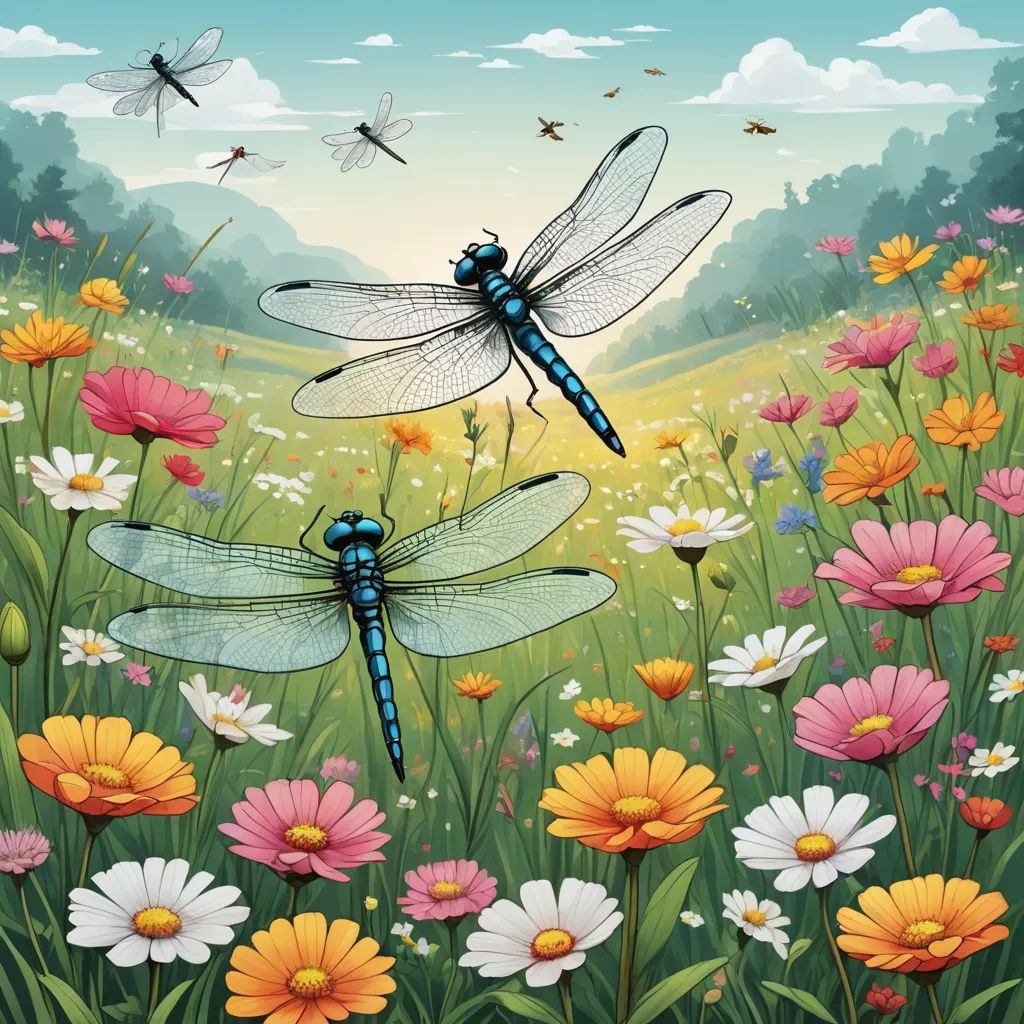a painting of two dragonflies flying over a field of flowers and daisies with a sky background with clouds, fantasy art, a storybook illustration, David Martin, highly detailed digital painting