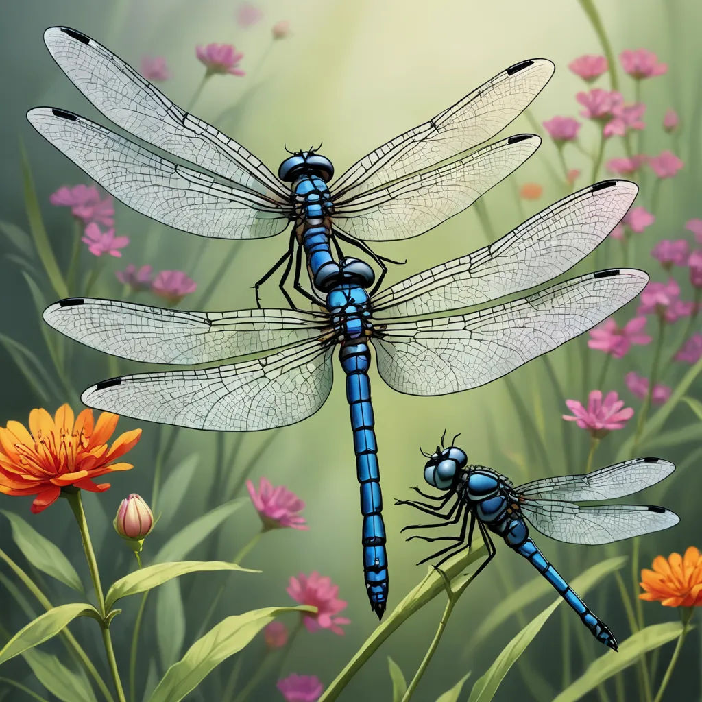 a group of dragonflies sitting on top of a flower field next to a butterfly and a flower vase, fantasy art, an ultrafine detailed painting, Dirk Crabeth, highly detailed digital painting