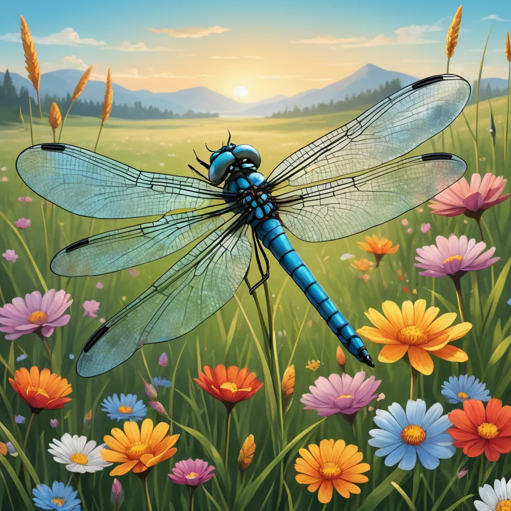a dragonfly sitting on a flower field with a sunset in the background and a field of flowers in the foreground, magical realism, a storybook illustration, Dan Mumford, highly detailed digital painting