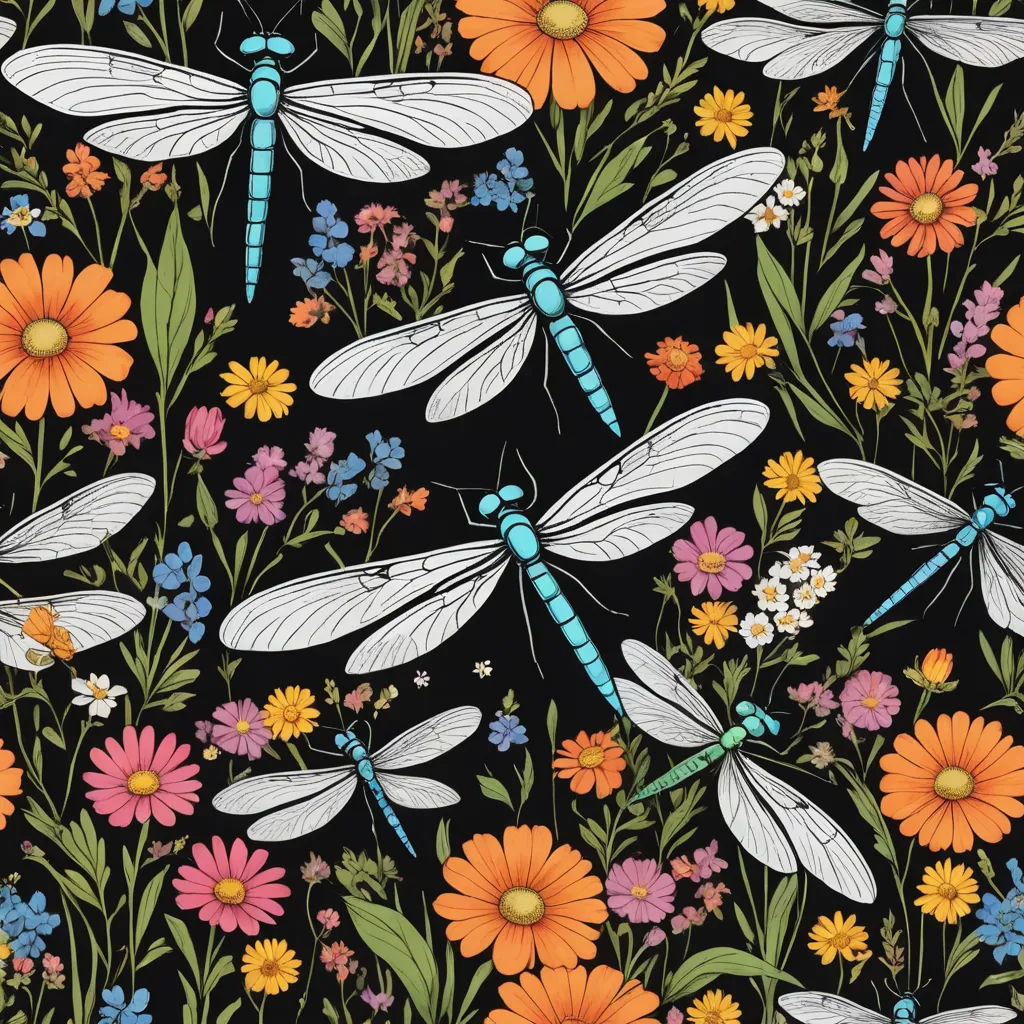 a black background with dragonflies and flowers on it, and daisies and daisies in the background, arts and crafts movement, a storybook illustration, Annabel Kidston, detailed illustration