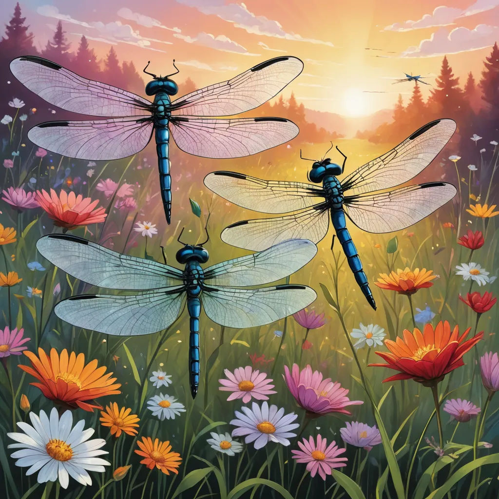 a painting of four dragonflies in a field of flowers and daisies at sunset with a forest in the background, fantasy art, an airbrush painting, Dan Mumford, highly detailed digital painting