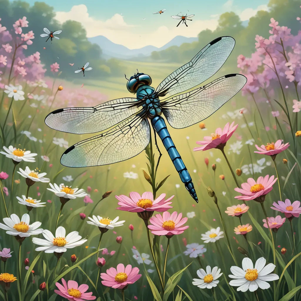 a painting of a dragonfly sitting on a flowery plant in a field of daisies and daisies, fantasy art, a storybook illustration, Chris LaBrooy, highly detailed digital painting