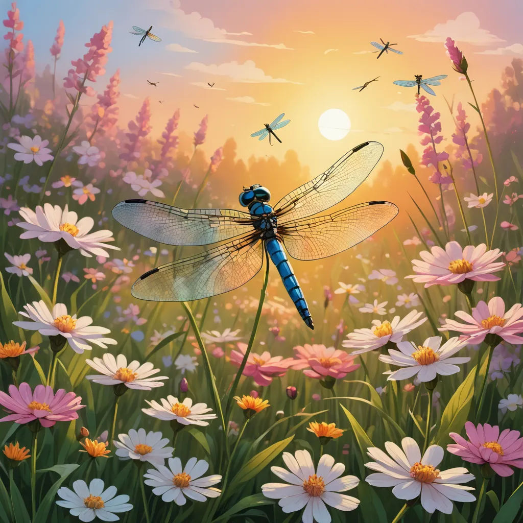 a painting of a dragonfly flying over a field of flowers and daisies at sunset with a dragonfly in the background, fantasy art, a storybook illustration, David Martin, highly detailed digital painting