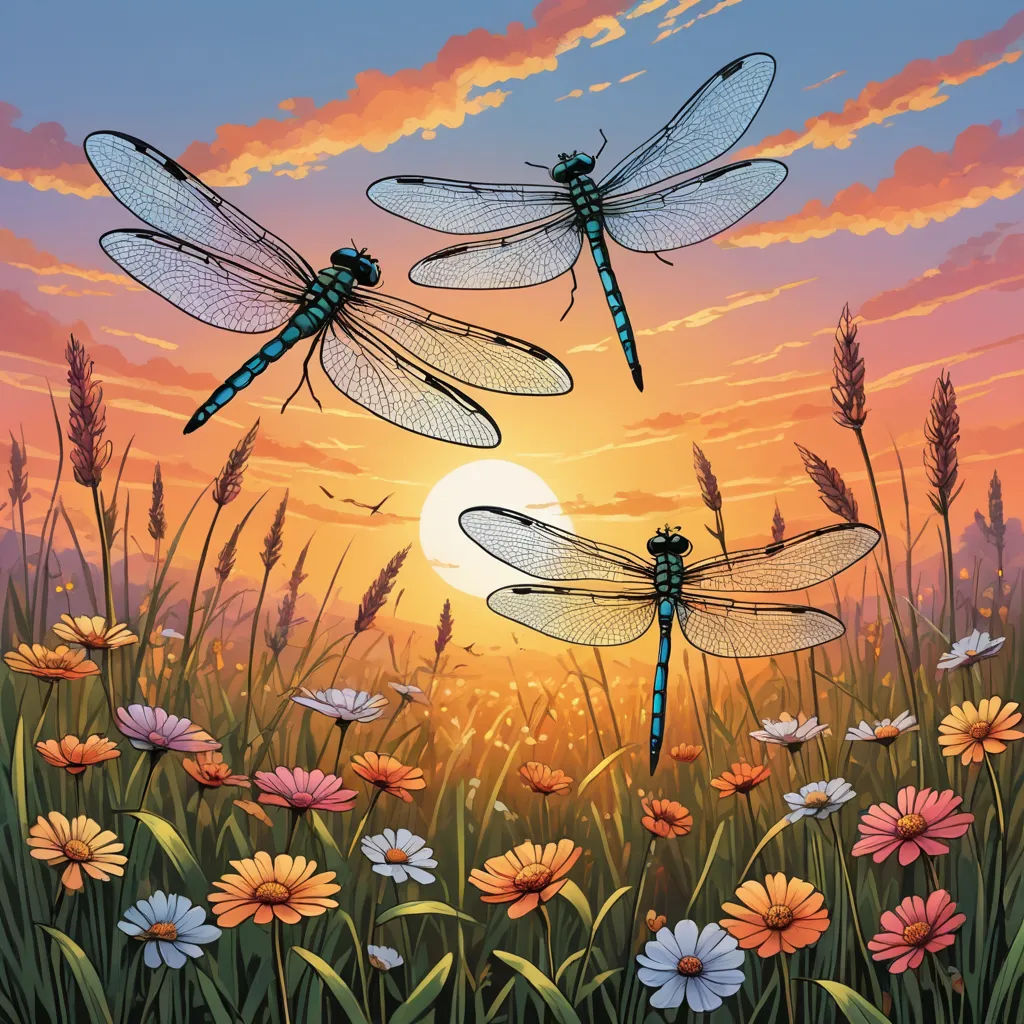three dragonflies flying over a field of flowers at sunset with the sun in the background and a pink sky, fantasy art, a storybook illustration, Dan Mumford, highly detailed digital painting