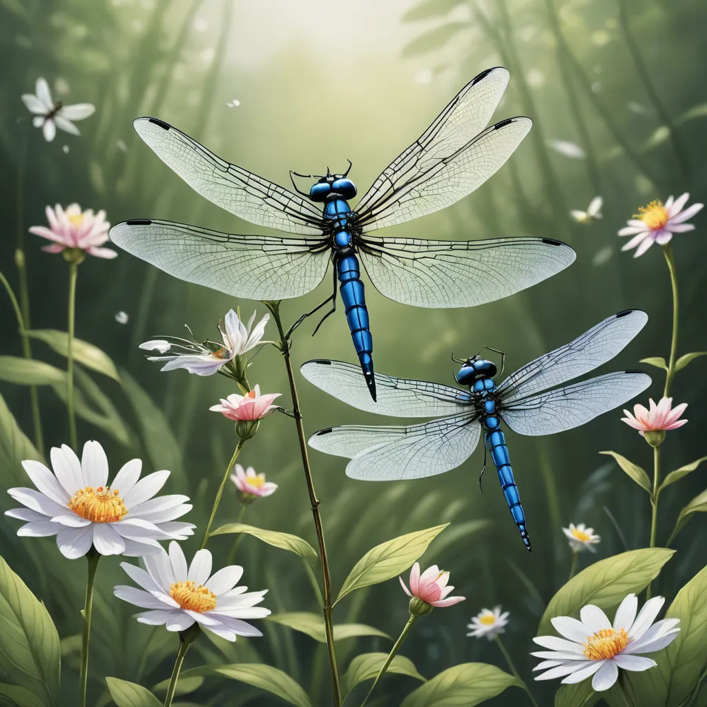 three dragonflies are sitting on a flower in a field of daisies and daisies in the foreground, fantasy art, a detailed painting, David Martin, highly detailed digital painting