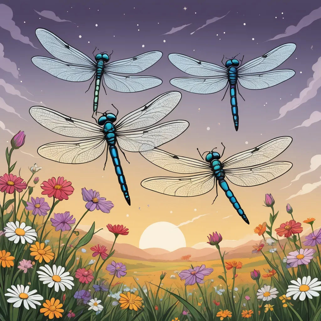three dragonflies flying over a field of flowers and daisies at sunset illustration by john wyee, fantasy art, a storybook illustration, Dan Mumford, detailed illustration