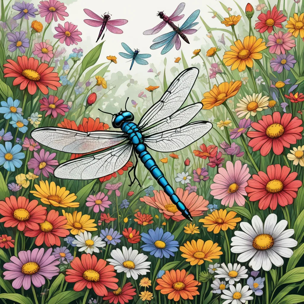 a painting of a dragonfly in a field of flowers and daisies with a dragonfly flying over it, psychedelic art, a storybook illustration, Annabel Kidston, highly detailed digital painting