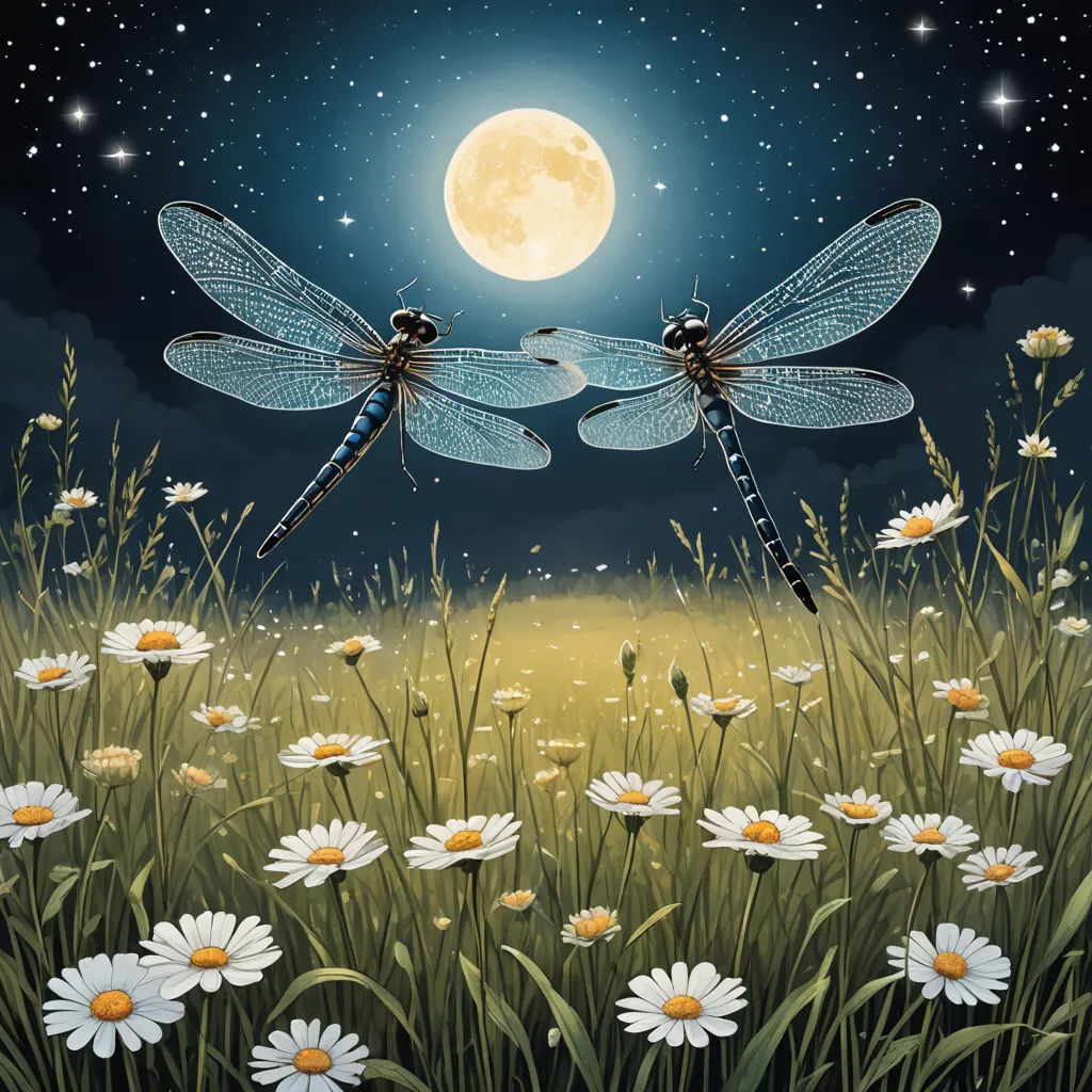 two dragonflies are flying over a field of daisies and daisies under a full moon with stars, fantasy art, a storybook illustration, Dirk Crabeth, fireflies