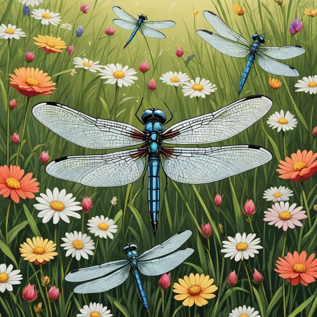a painting of a dragonfly and other dragonflies in a field of flowers and daisies with daisies, magic realism, a storybook illustration, David Martin, highly detailed digital painting
