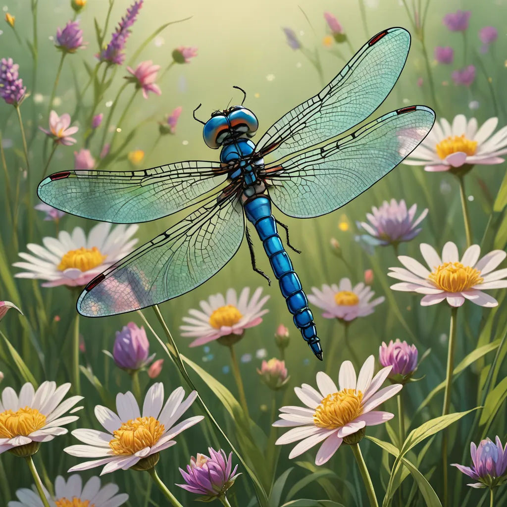 a dragonfly sitting on a flower in a field of flowers and daisies with a green background and yellow and purple flowers, fantasy art, a detailed painting, Chris LaBrooy, highly detailed digital painting
