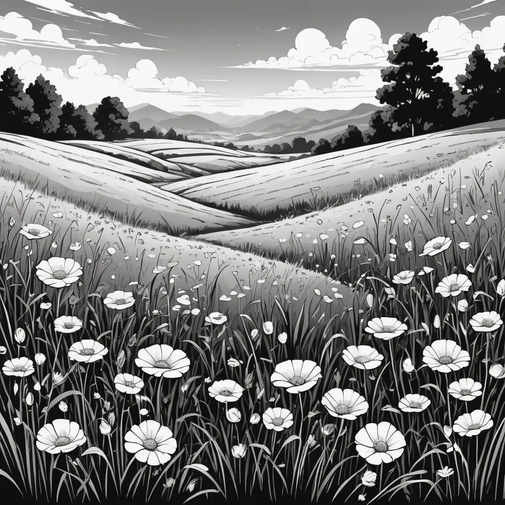 a painting of a field with flowers and hills in the background with clouds in the sky above it and a black and white photo, color field, a storybook illustration, David Martin, ambient occlusion