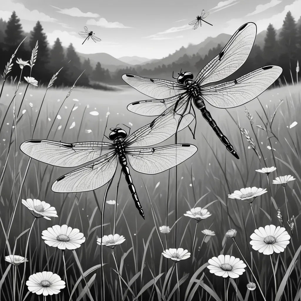 three dragonflies flying over a field of flowers and daisies in black and white with a mountain in the background, magical realism, a storybook illustration, Dirk Crabeth, storybook illustration