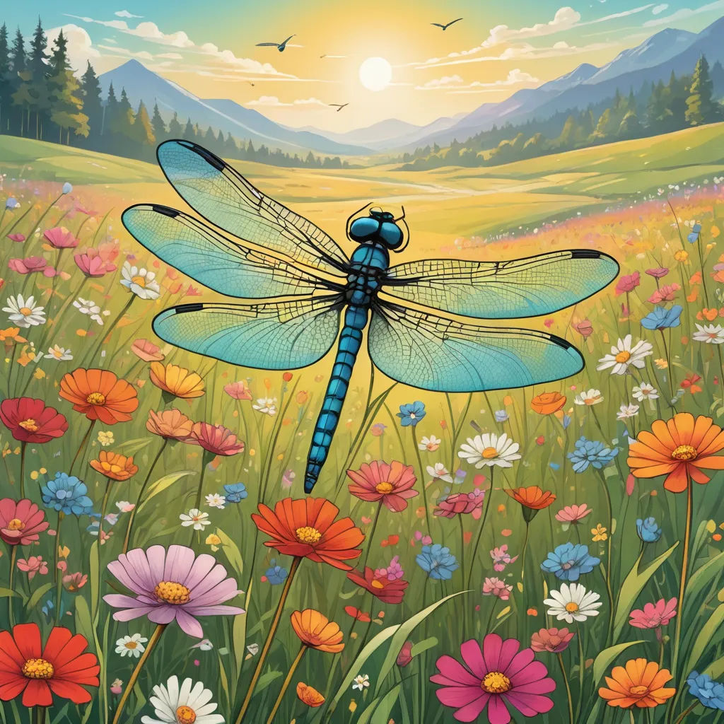 a dragonfly sitting on top of a flower field next to a forest and a sun in the background, fantasy art, an airbrush painting, Dan Mumford, highly detailed digital painting