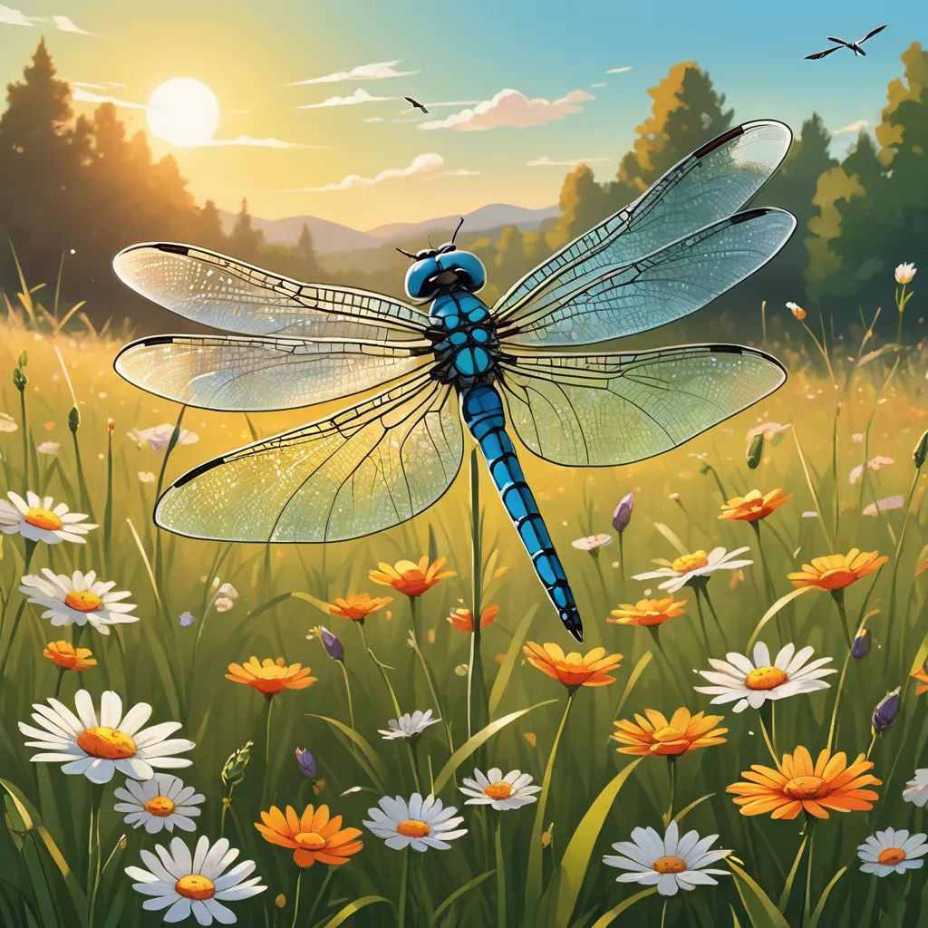 a dragonfly sitting on a flower in a field of daisies and daisies in the sun setting, environmental art, a storybook illustration, Bertram Brooker, professional digital painting