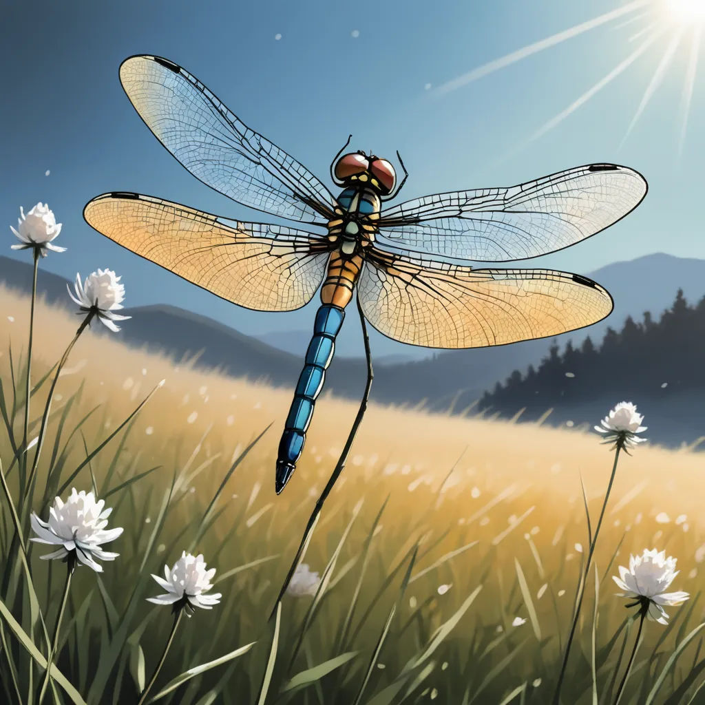 a dragonfly sitting on top of a flower covered field of grass and daisies in front of a sun, fantasy art, an ultrafine detailed painting, Dirk Crabeth, highly detailed digital painting