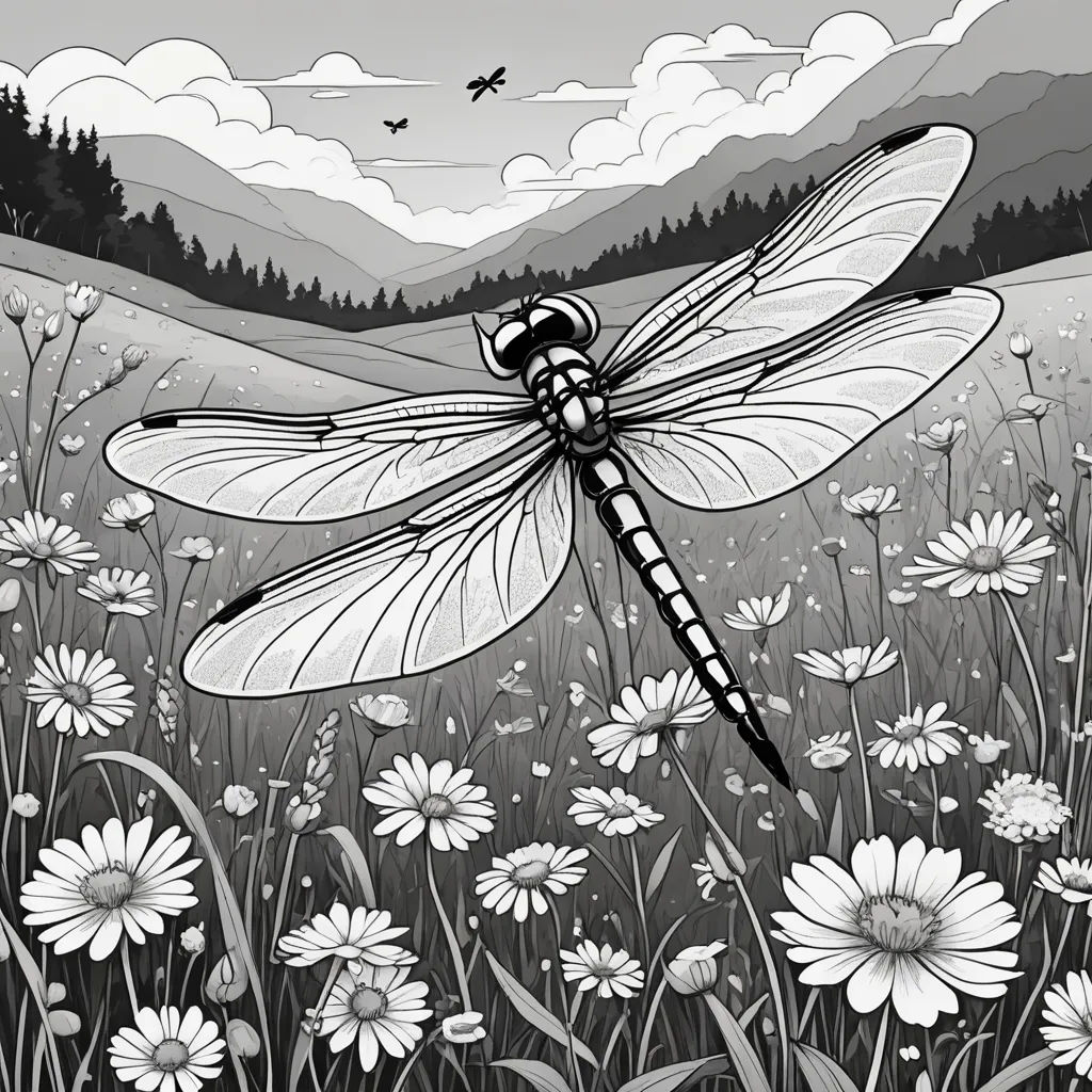 a dragonfly flying over a field of flowers and daisies in a black and white drawing with a mountain background, environmental art, a storybook illustration, Dirk Crabeth, storybook illustration