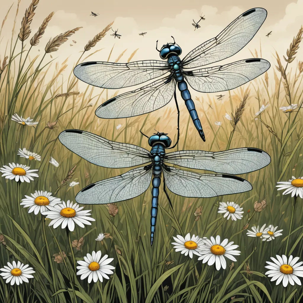 a painting of two dragonflies sitting on a flowery field of daisies and daisies with a sky background, magical realism, a storybook illustration, Dirk Crabeth, highly detailed digital painting