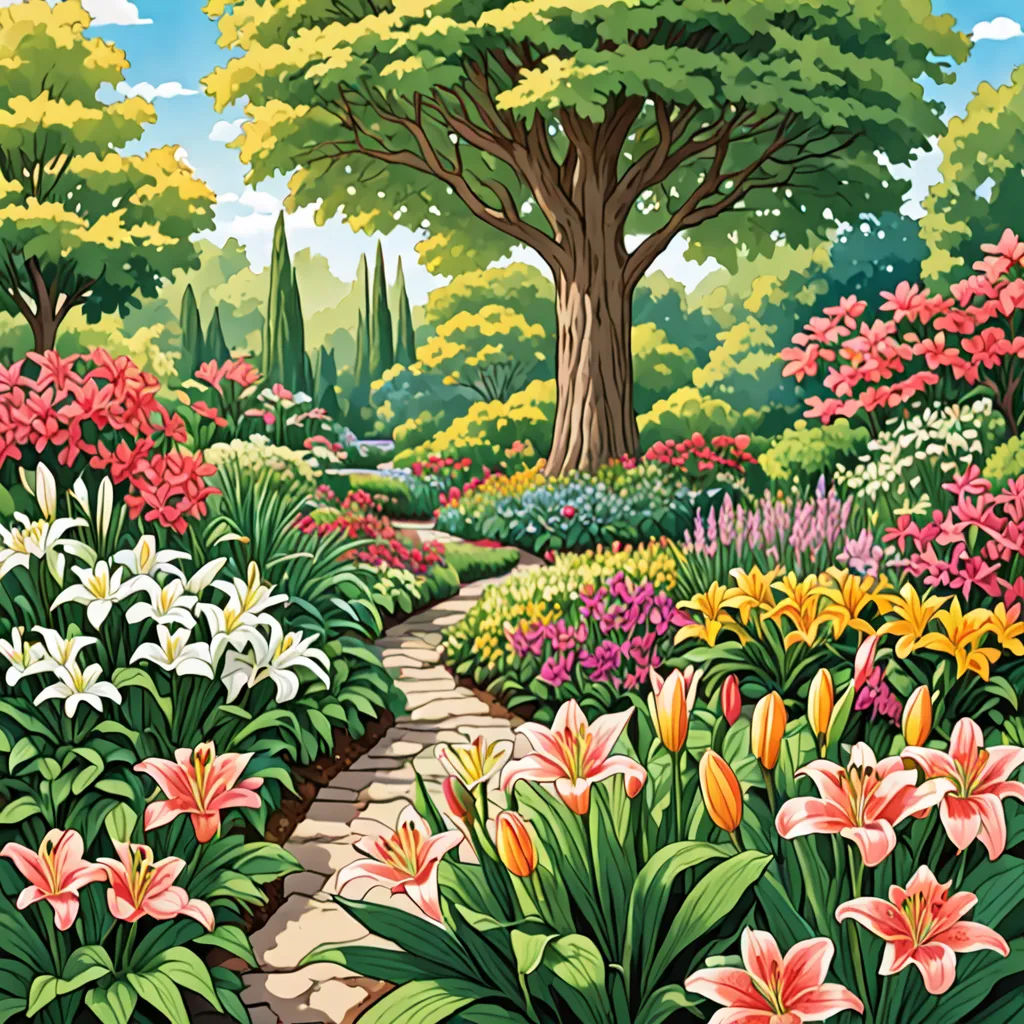 a painting of a garden with flowers and a tree in the background with a path leading to a tree, naive art, a storybook illustration, Carol Sutton, kinkade