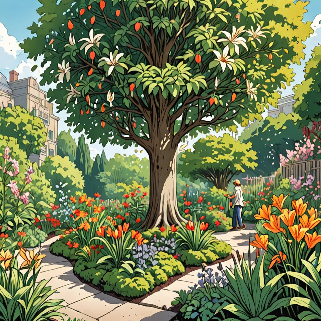 a painting of a man standing in a garden next to a tree and flowers on a sunny day with buildings in the background, plein air, a storybook illustration, Asaf Hanuka, official art