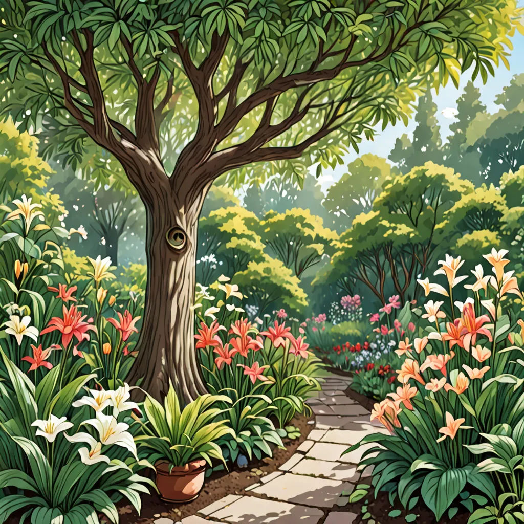 a painting of a garden with a tree and flowers in it and a path leading to a bench with a bench, fantasy art, a storybook illustration, David Martin, official art