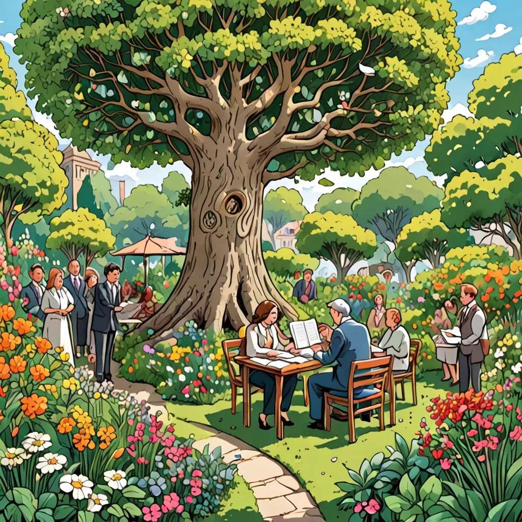 a painting of people sitting at a table in a garden with a tree in the background and a path leading to a bench, naturalism, a storybook illustration, Colin Middleton, detailed illustration
