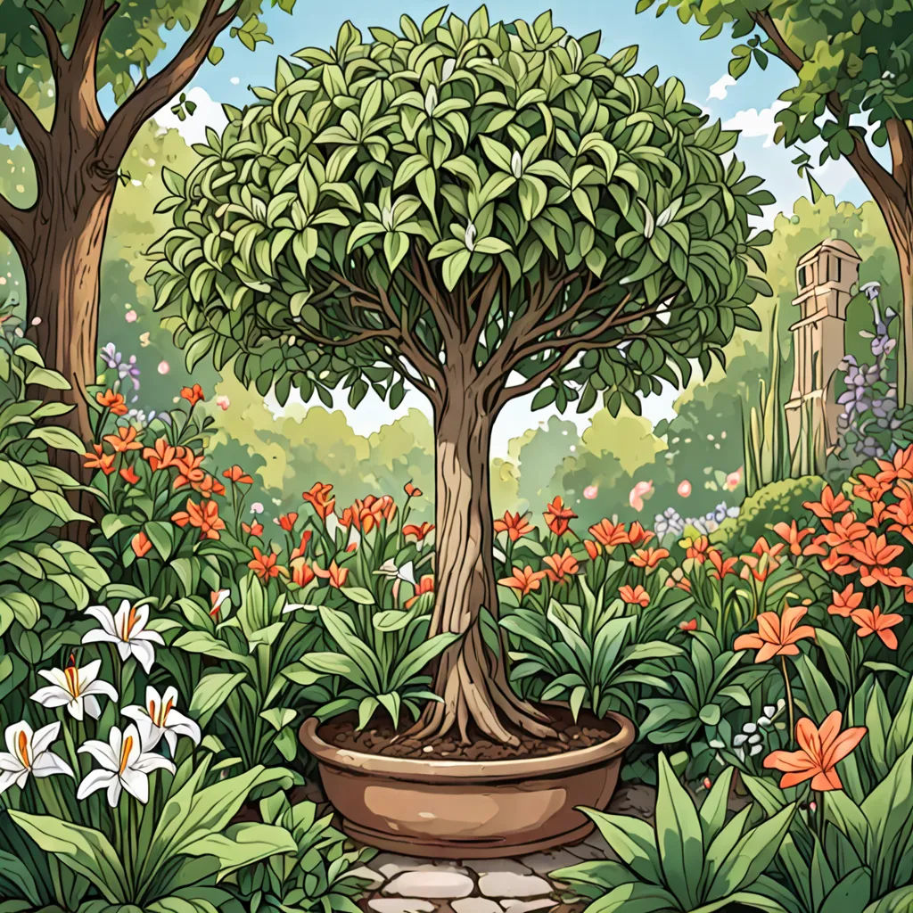 a painting of a tree in a garden with flowers and trees around it and a path leading to it, environmental art, a storybook illustration, Anne Rigney, plants