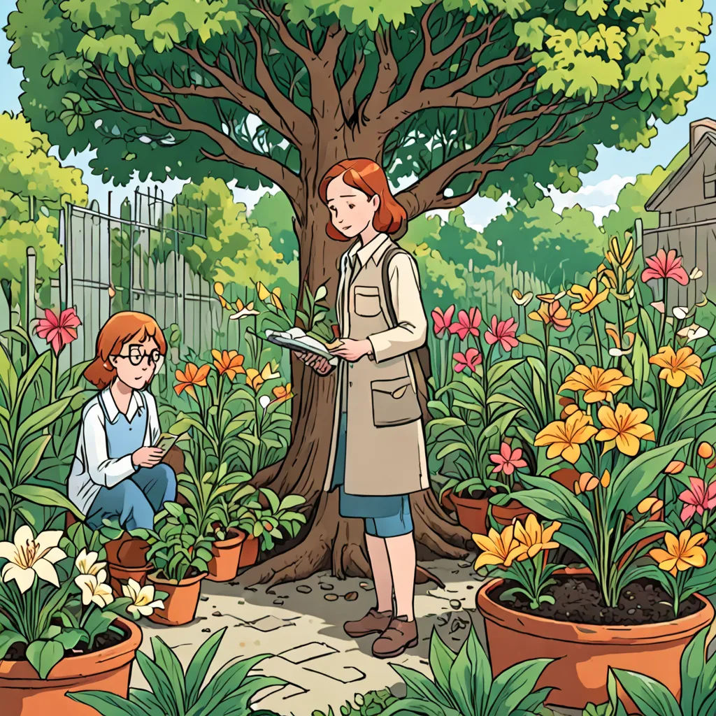 a woman is standing in a garden with a tree and flowers in the background and another woman is sitting down, plein air, a storybook illustration, Chris Ware, graphic novel