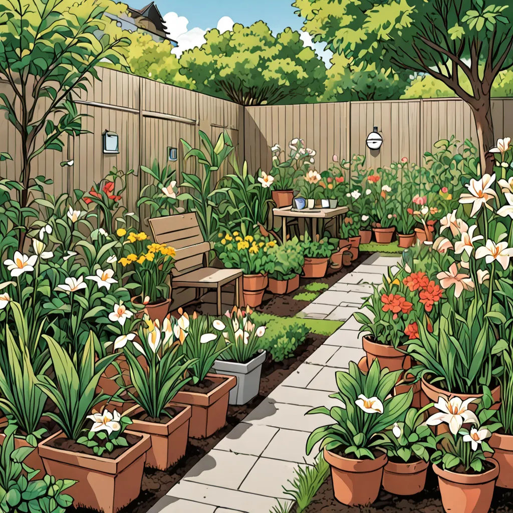 a garden with a lot of flowers and plants in it and a bench in the middle of the garden, plein air, a comic book panel, Asaf Hanuka, detailed illustration