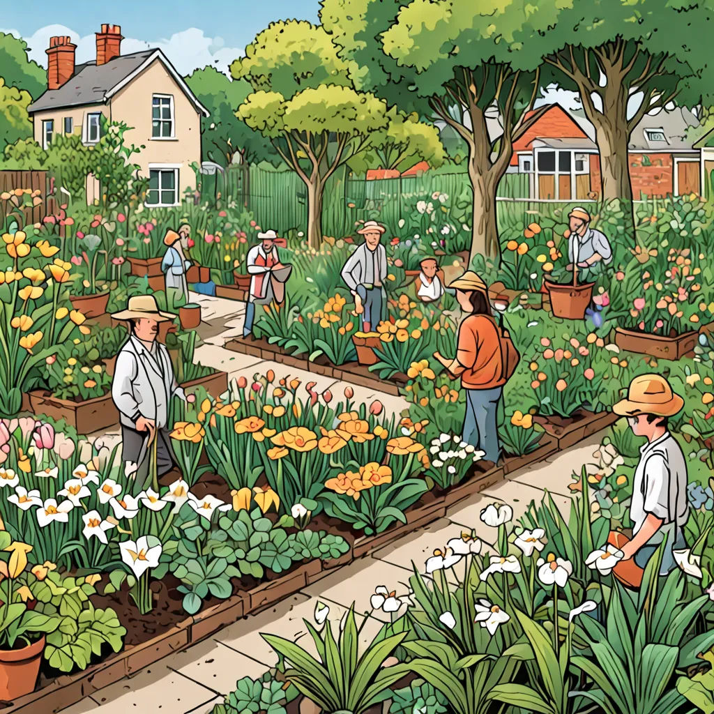 a painting of a garden with people working in it and a house in the background with trees and flowers, naive art, a storybook illustration, Chris Ware, detailed illustration