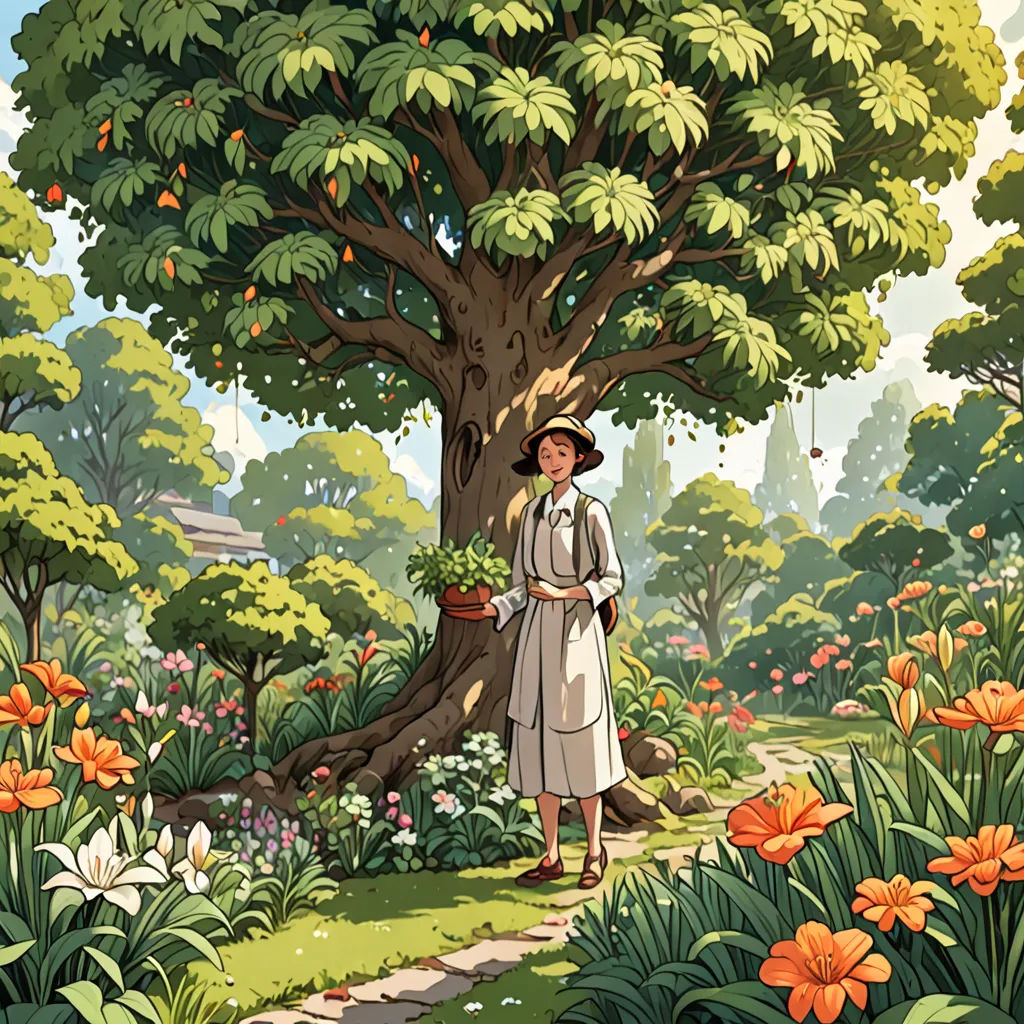 a woman standing in a garden next to a tree and flowers on a sunny day with a basket of flowers, arts and crafts movement, a storybook illustration, Colin Middleton, comic cover art