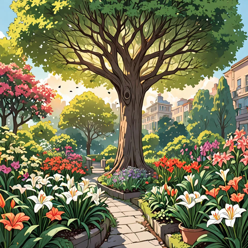 a painting of a garden with flowers and a tree in the background with buildings in the background and a walkway leading to a bench, plein air, a comic book panel, Chris LaBrooy, official art