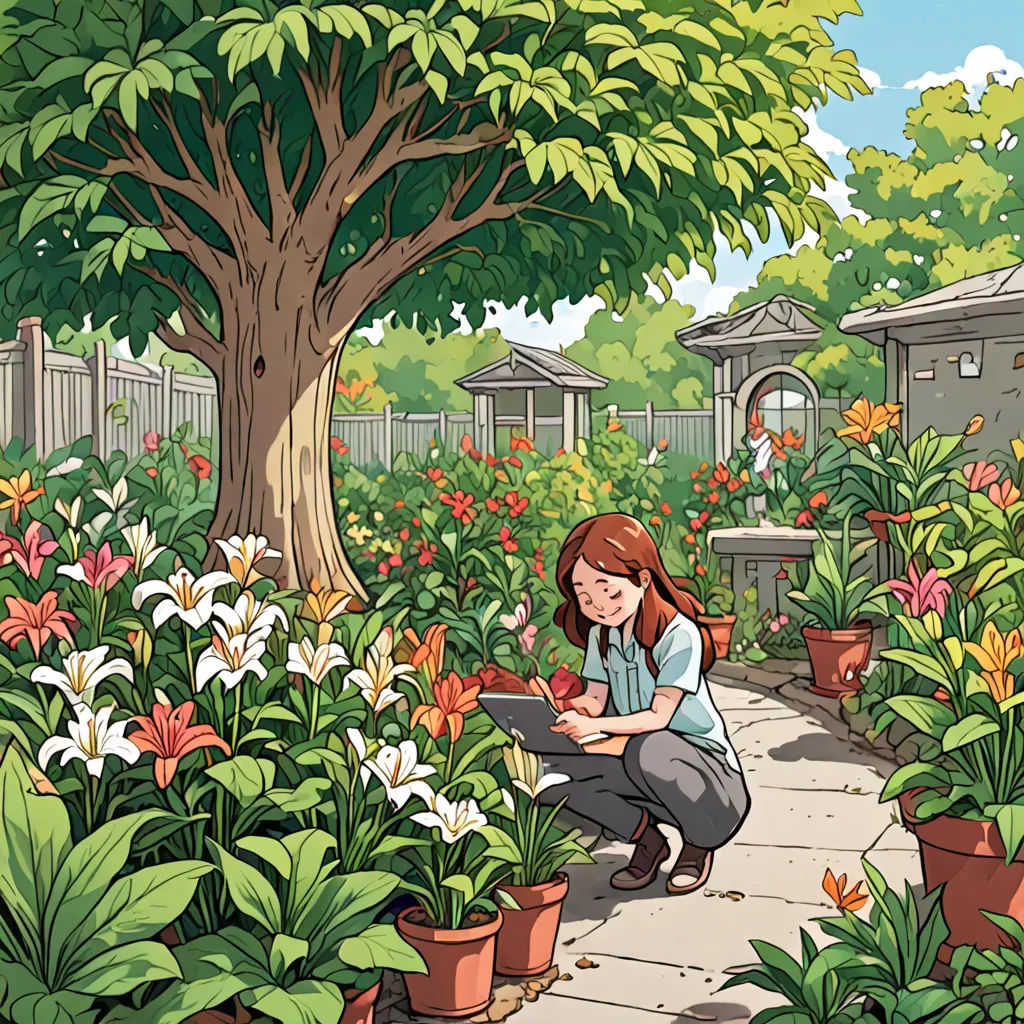 a girl is sitting in a garden with flowers and plants around her and a tablet in her hand,, plein air, a storybook illustration, Asaf Hanuka, storybook illustration