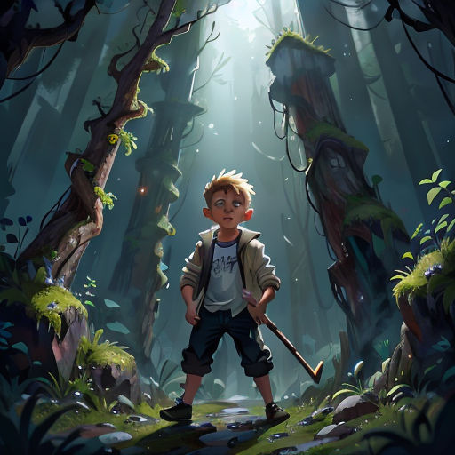 a boy in a forest holding a stick and a book in his hand with a flashlight shining through the trees