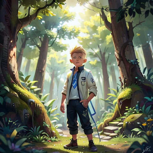 a boy in a forest with a sword and a backpack on his back, standing in the middle of a path