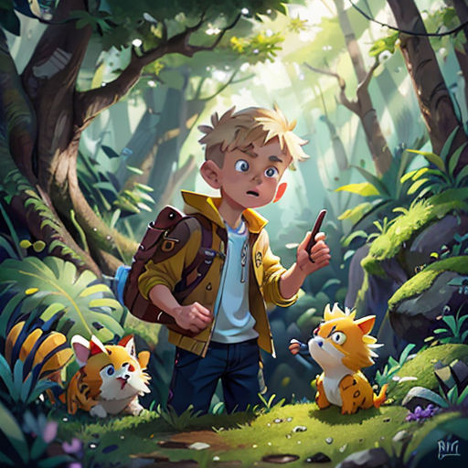a boy in a forest with a backpack and some cats in front of him and pointing at something in the distance