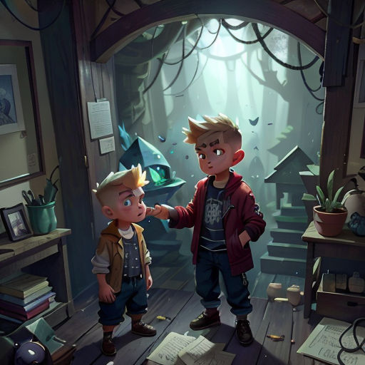two children standing in a room with a book on the floor and a book on the table in front of them