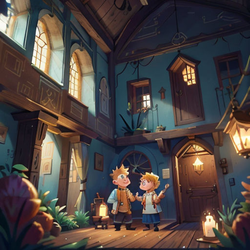 a couple of people standing in front of a building with a light on it's side and a lantern on the other side