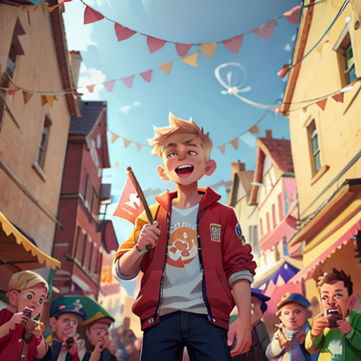 a boy is holding a flag in a cartoon scene with other children in the background and a banner in the foreground
