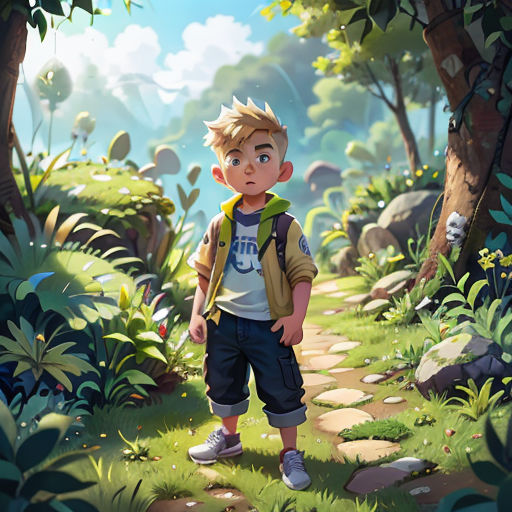 a boy standing in the middle of a forest with a backpack on his back and a backpack on his shoulder