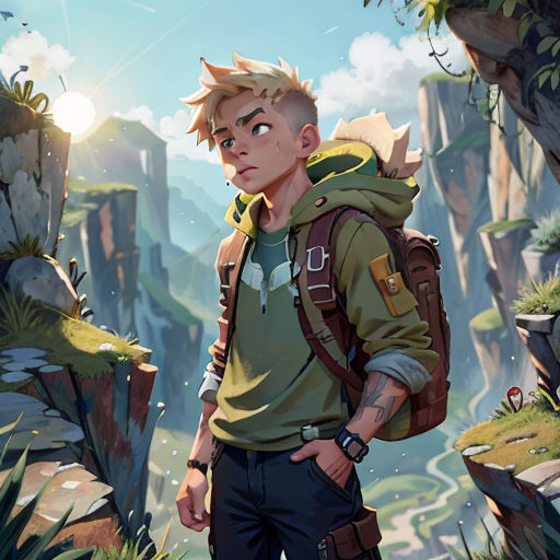 a boy with a backpack standing in a forest looking at the camera with a surprised look on his face