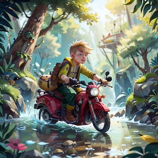 a boy riding a motorcycle through a forest filled with trees and plants, with a river running through it