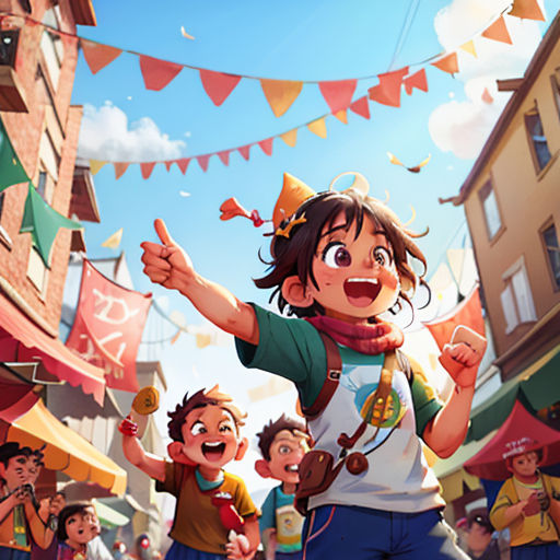 a cartoon of a boy with a hat and a scarf on and a group of children in the street