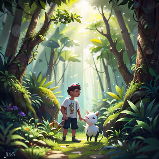 a boy and a dog in a forest with sunlight streaming through the trees and plants on the ground,
