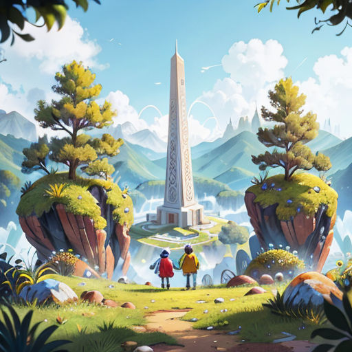 a painting of two people standing in front of a tower in the middle of a forest with mountains in the background