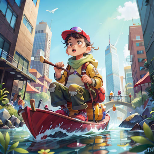 a boy in a boat in a river with a city in the background and a bird flying over him