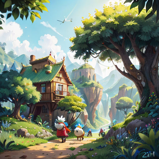 a painting of a house in the middle of a forest with a lot of animals around it and a person walking on a path
