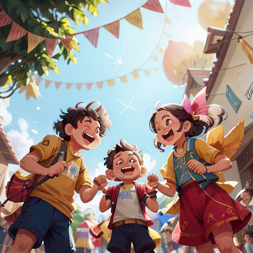 a group of children standing next to each other on a street with bunting and flags in the background