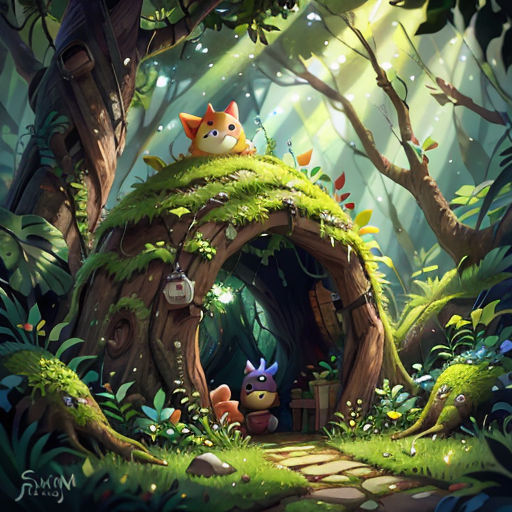 a cartoon scene of a forest with a cat and a dog in a small hut with a cat on top