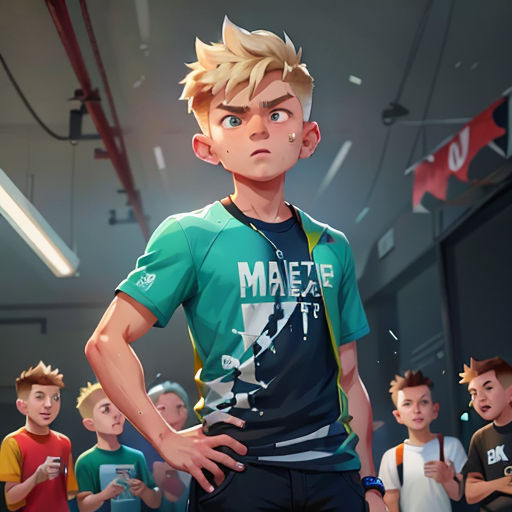 a group of young boys standing next to each other in a room with a ceiling fan behind them and a man in a green shirt