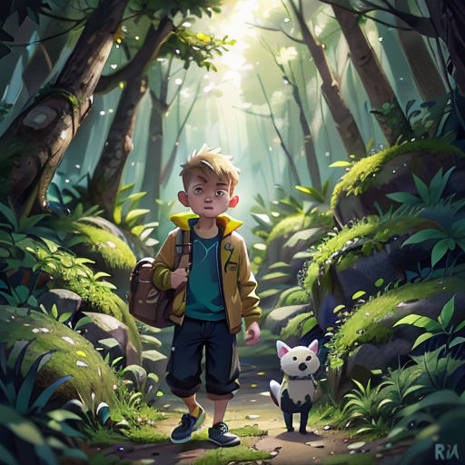 a boy walking through a forest with a dog on a leash next to him and a backpack on his shoulder